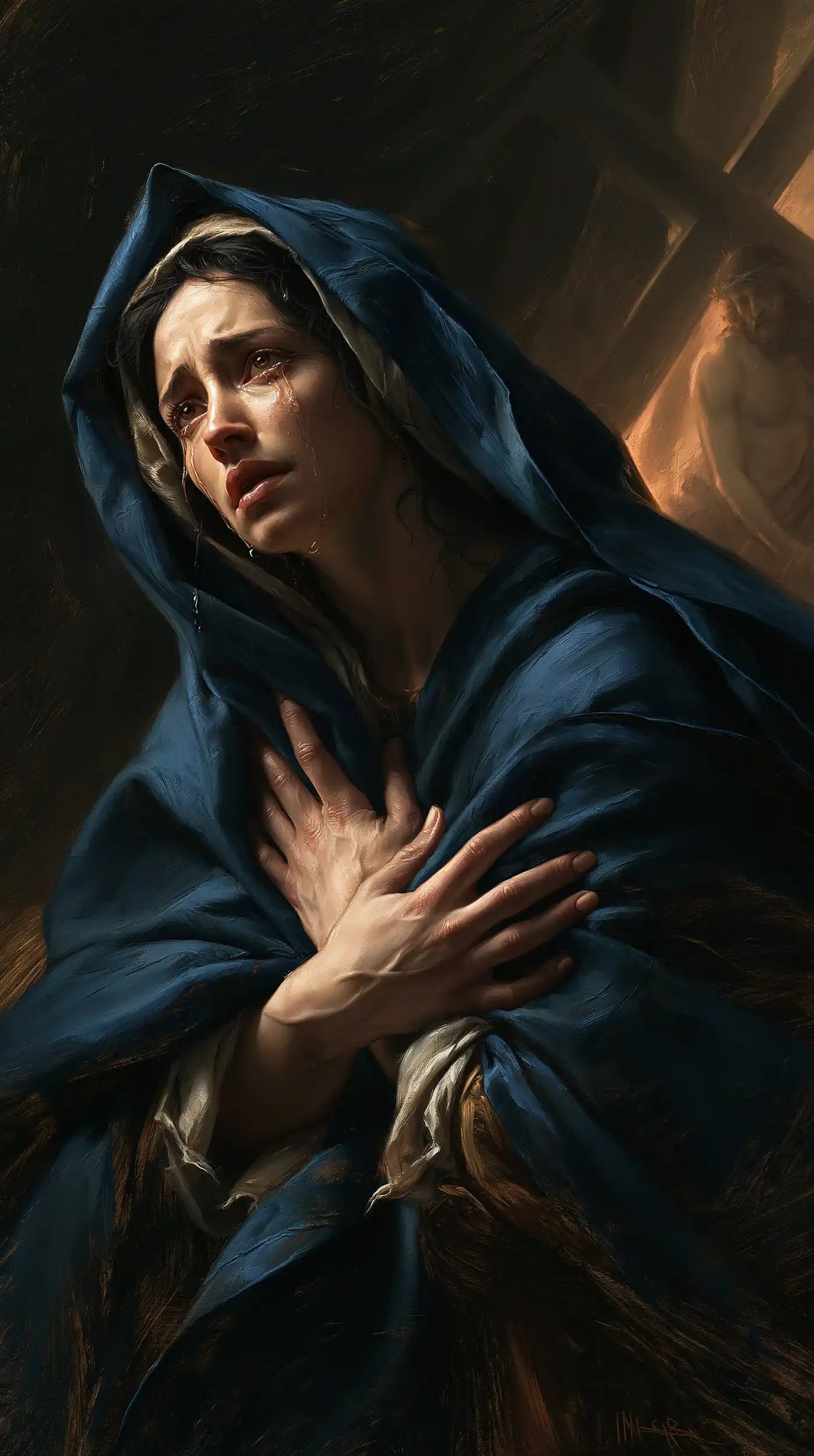 Mary experiencing profound maternal sorrow in Profound Maternal Sorrow style, portrait Christian artwork no. 8