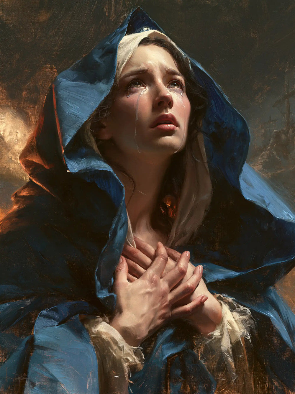 Mary experiencing profound maternal sorrow in Profound Maternal Sorrow style, portrait Christian artwork no. 18