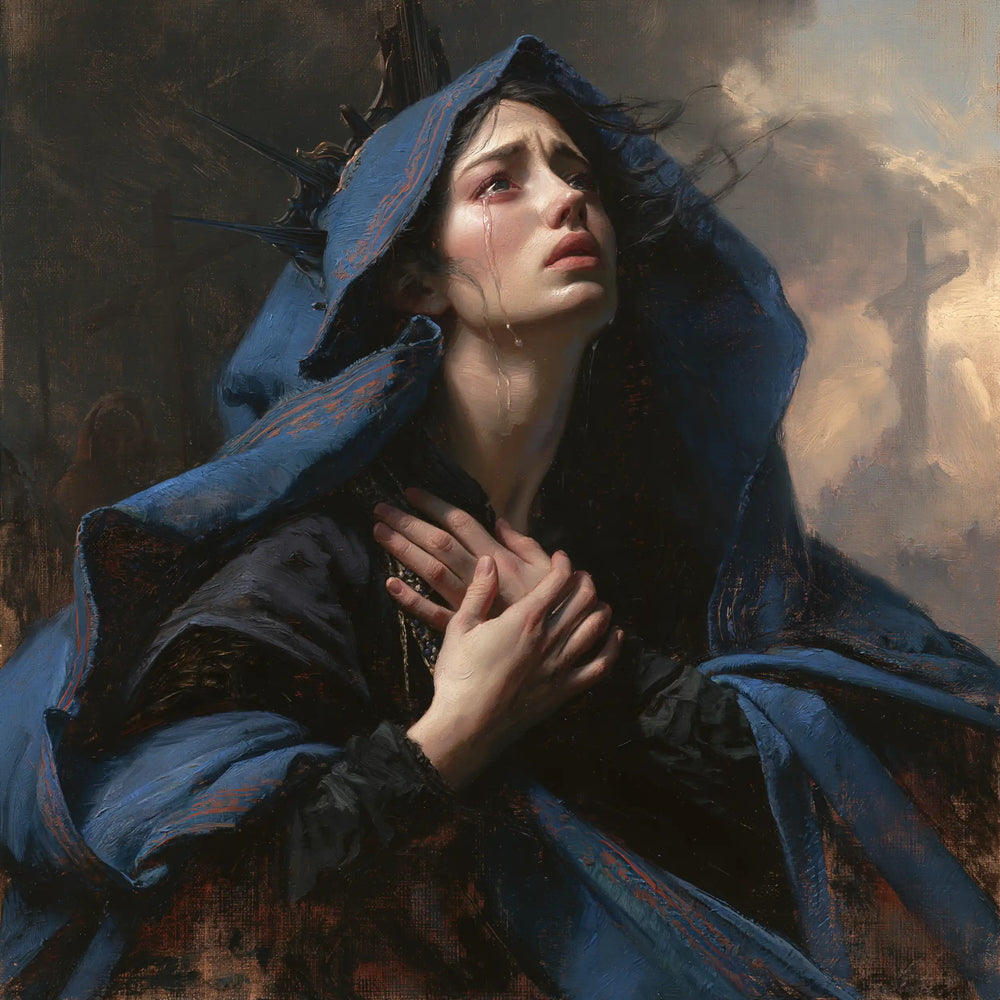 Mary experiencing profound maternal sorrow in Profound Maternal Sorrow style, square Christian artwork no. 9