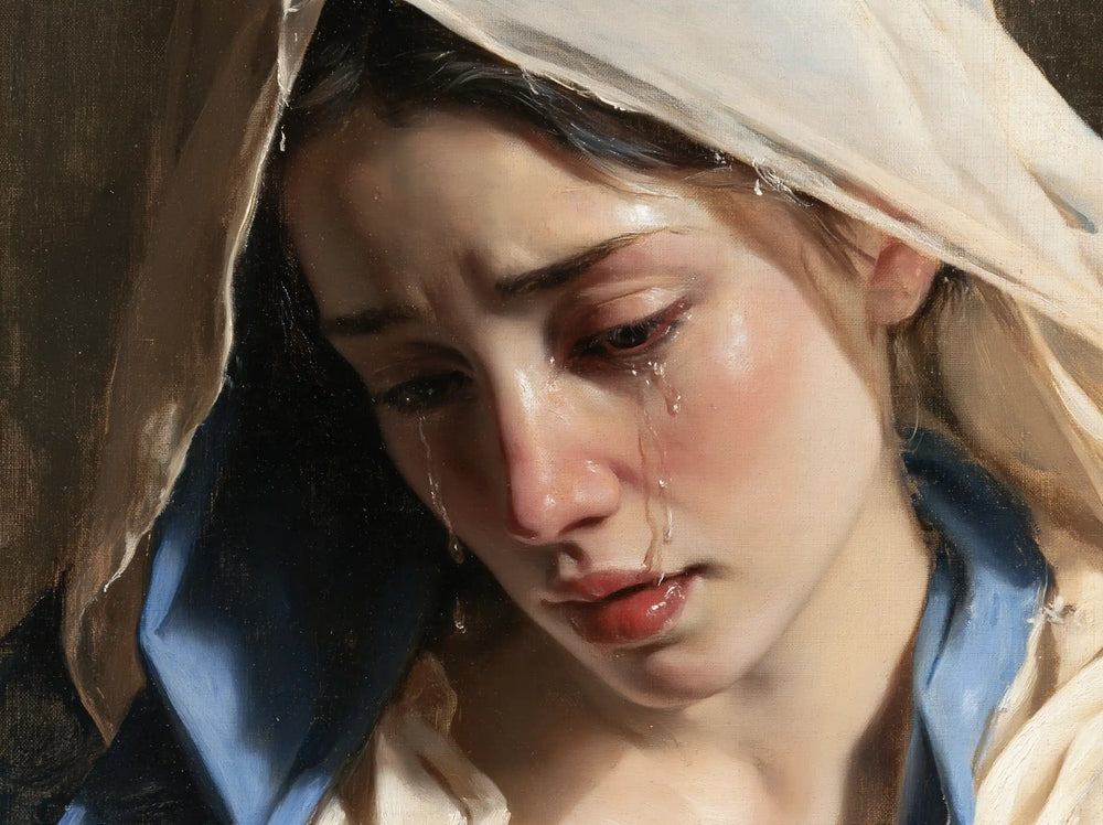 a close portrait of Our Lady of Sorrows in Psychological Close-Up style, landscape Christian artwork no. 4