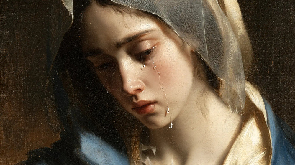 a close portrait of Our Lady of Sorrows in Psychological Close-Up style, landscape Christian artwork no. 9