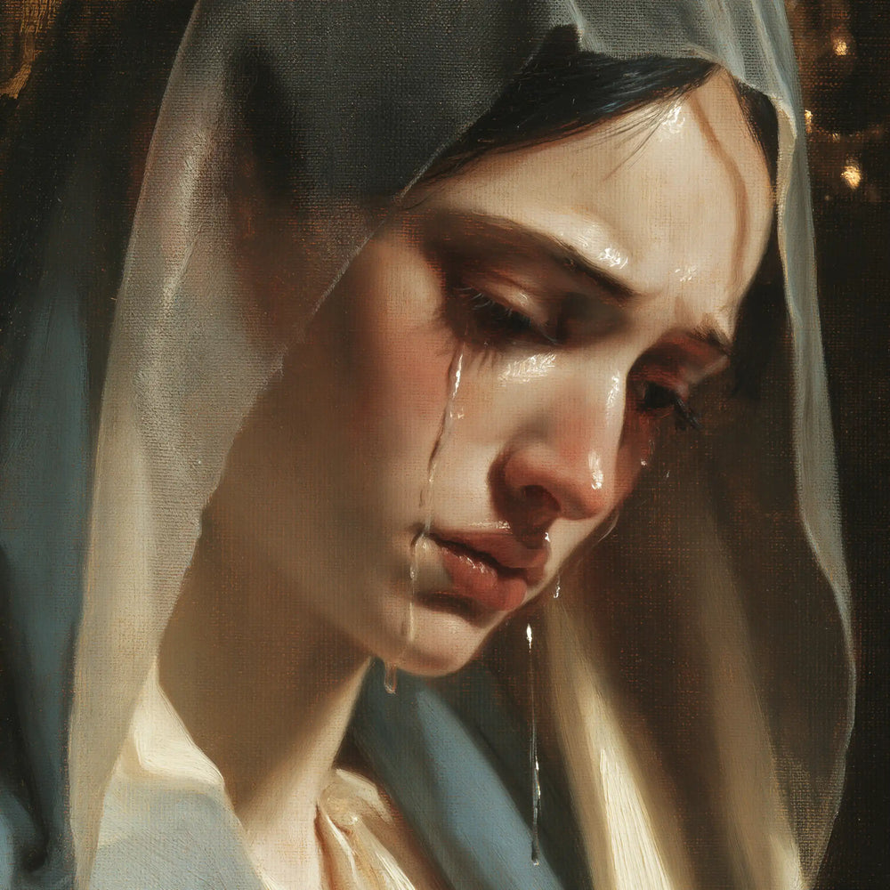 a close portrait of Our Lady of Sorrows in Psychological Close-Up style, square Christian artwork no. 11