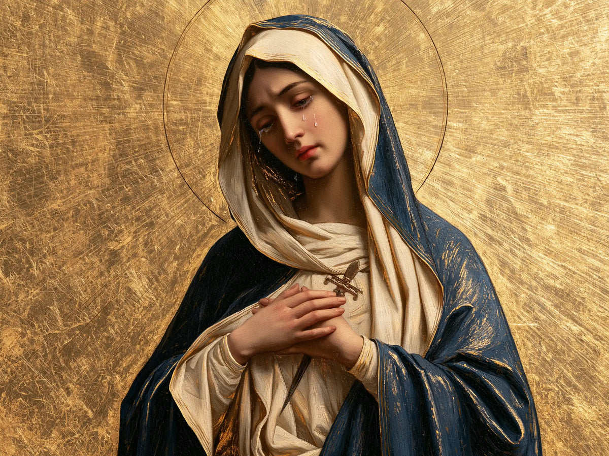 Our Lady of Sorrows in sacred golden light in Sacred Gold style, landscape Christian artwork no. 5