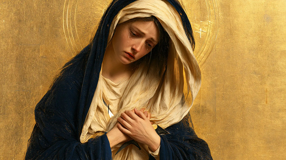 Our Lady of Sorrows in sacred golden light in Sacred Gold style, landscape Christian artwork no. 13