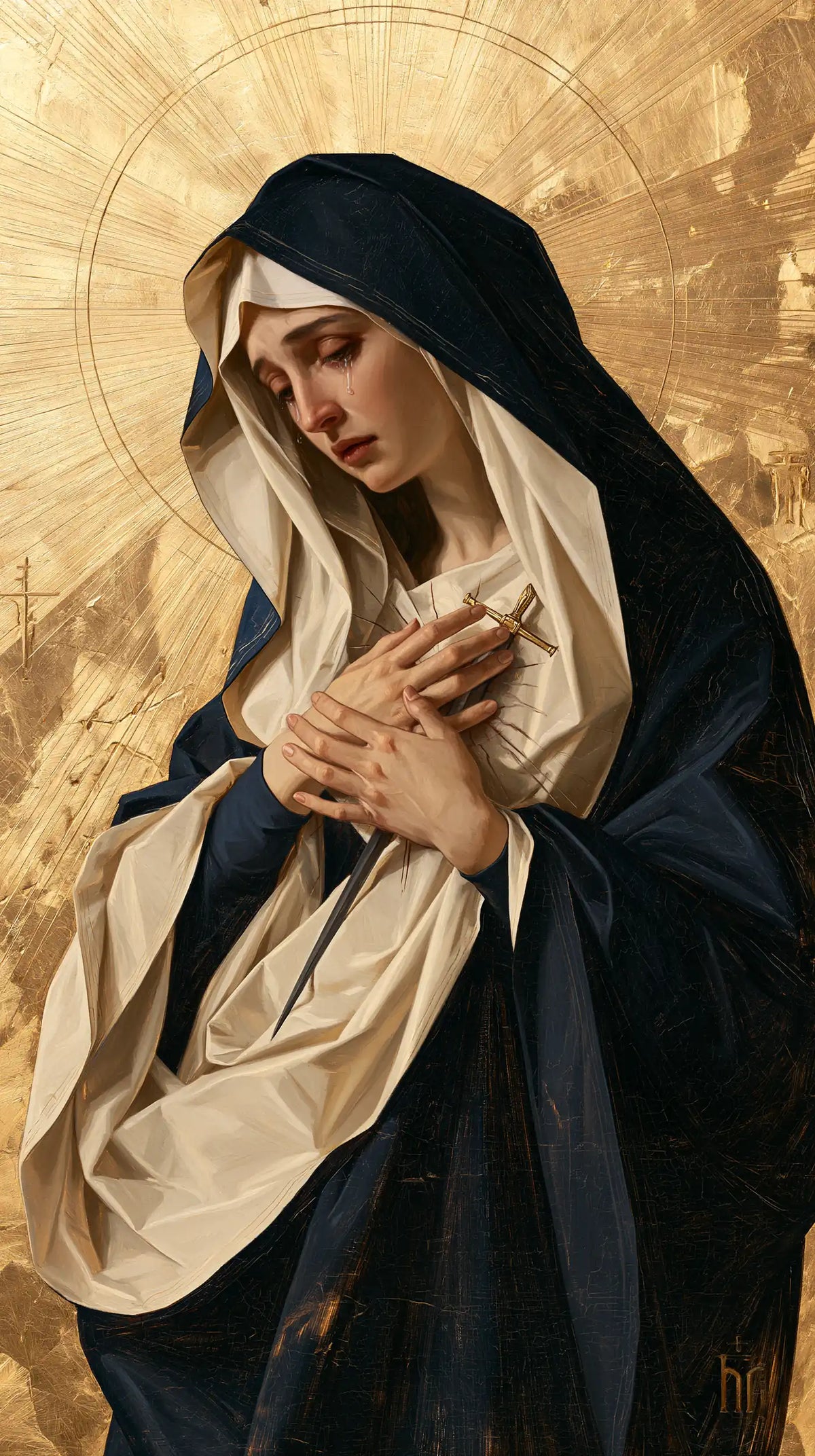 Our Lady of Sorrows in sacred golden light in Sacred Gold style, portrait Christian artwork no. 5
