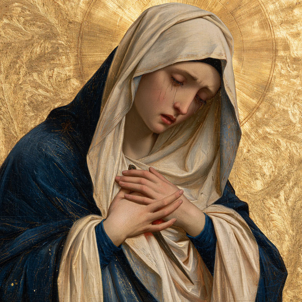 Our Lady of Sorrows in sacred golden light in Sacred Gold style, square Christian artwork no. 7