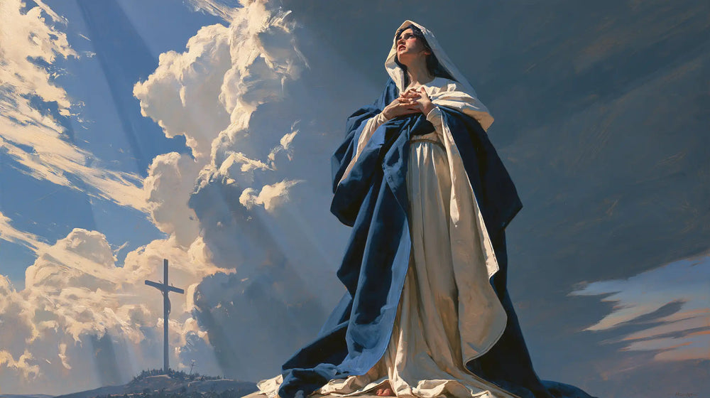 Our Lady of Sorrows in a monumental sacred view in Sacred Monumental View style, landscape Christian artwork no. 8