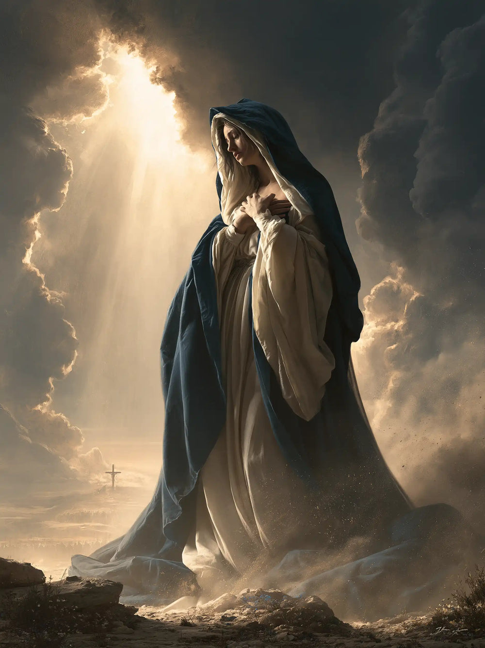Our Lady of Sorrows in a monumental sacred view in Sacred Monumental View style, portrait Christian artwork no. 21