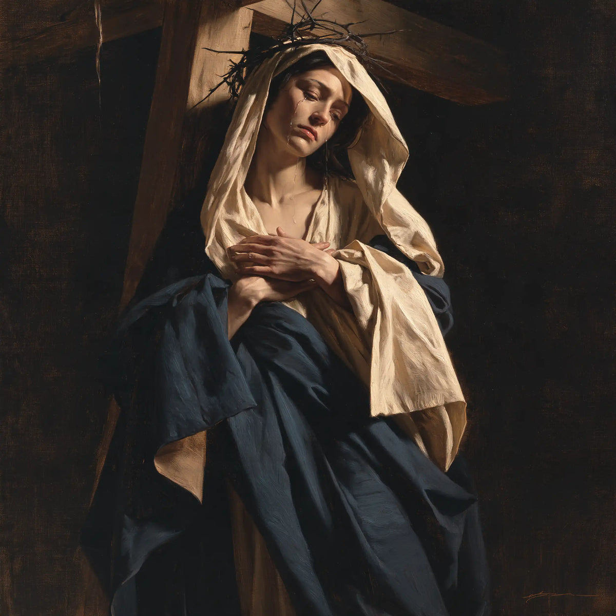Our Lady of Sorrows in silent contemplation in The Silence of Mary style, square Christian artwork no. 7
