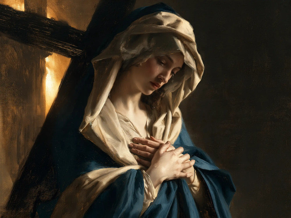 Our Lady of Sorrows between grief and hope in Sorrow and Hope style, landscape Christian artwork no. 6