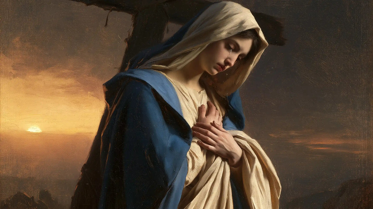 Our Lady of Sorrows between grief and hope in Sorrow and Hope style, landscape Christian artwork no. 14