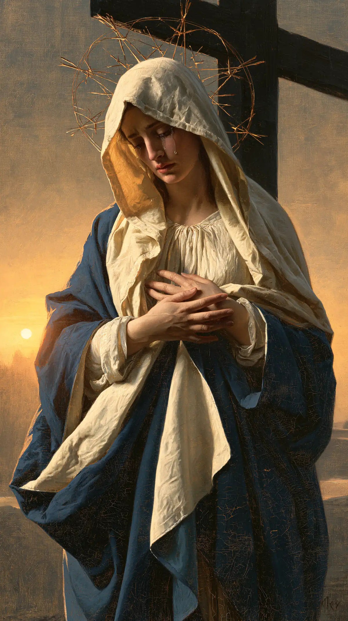 Our Lady of Sorrows between grief and hope in Sorrow and Hope style, portrait Christian artwork no. 5