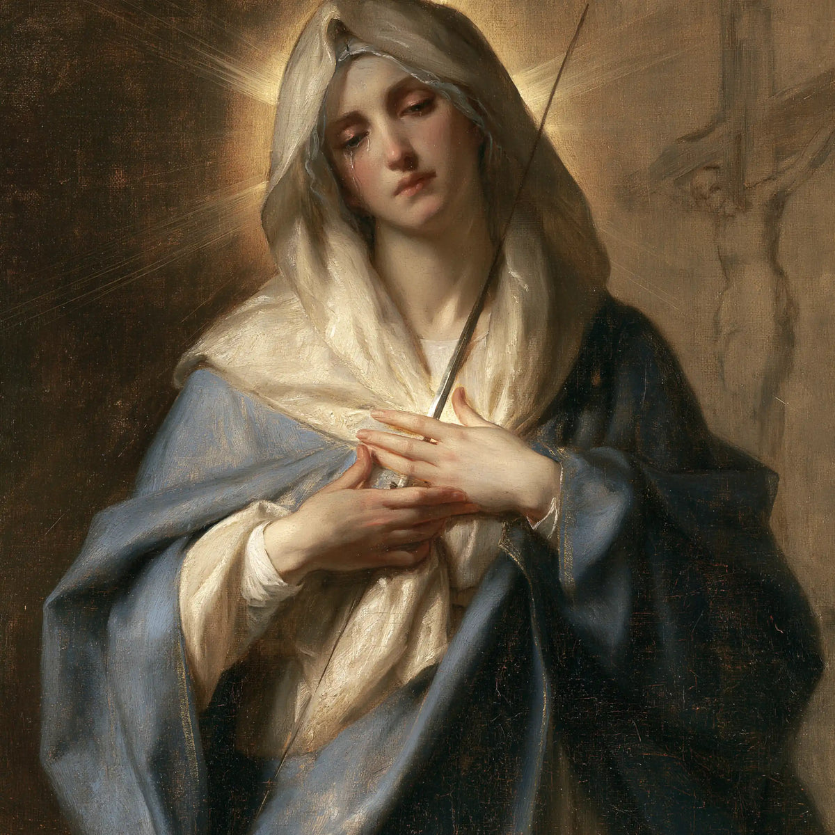 Our Lady of Sorrows with the Sword of Simeon in The Sword of Simeon style, square Christian artwork no. 3