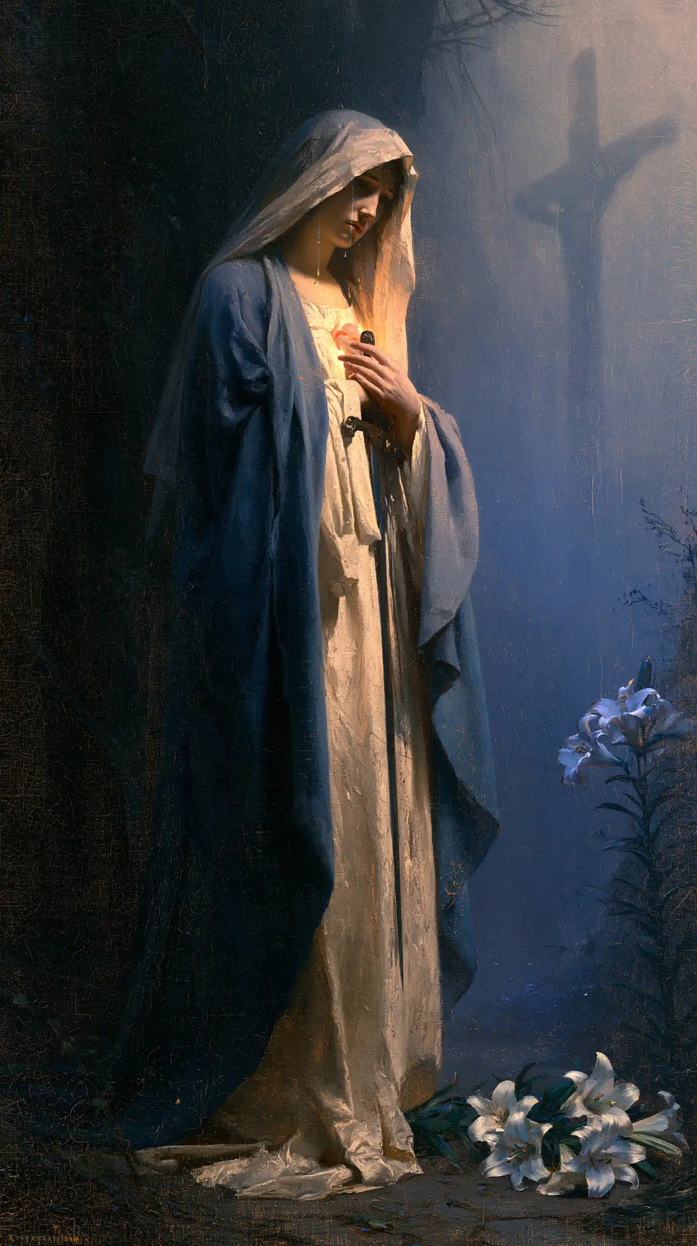 Our Lady of Sorrows in a symbolist composition in Symbolist style, portrait Christian artwork no. 1