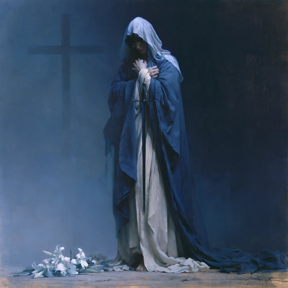 Our Lady of Sorrows in a symbolist composition in Symbolist style, square Christian artwork no. 3