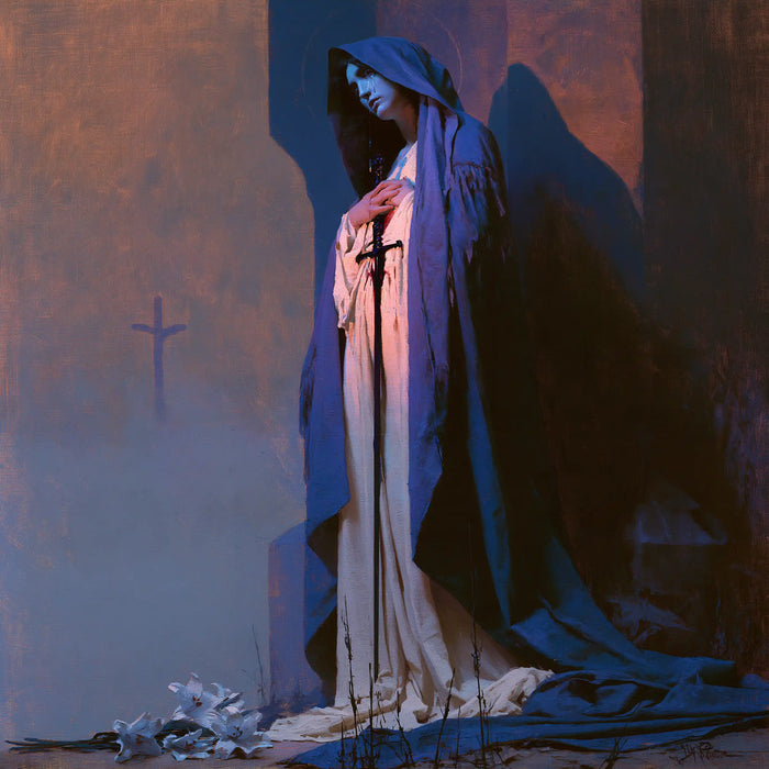 Our Lady of Sorrows — Evening Rose in Sacred Blue
