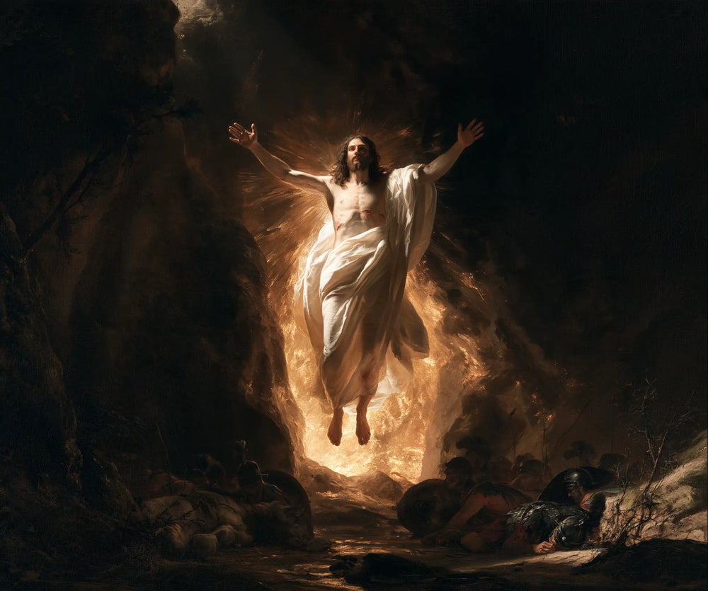 Resurrection of Jesus Christ in Black and Gold style, landscape Christian artwork no. 1