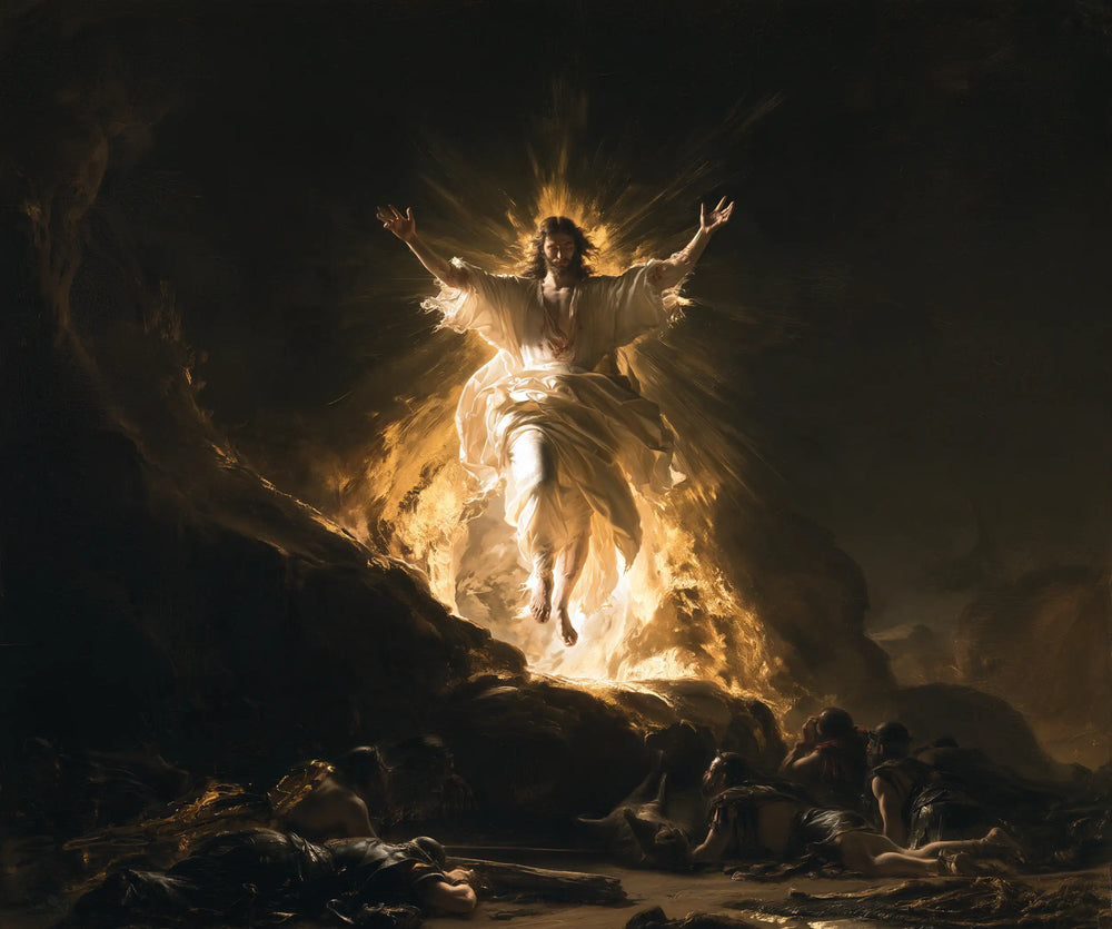 Resurrection of Jesus Christ in Black and Gold style, landscape Christian artwork no. 2