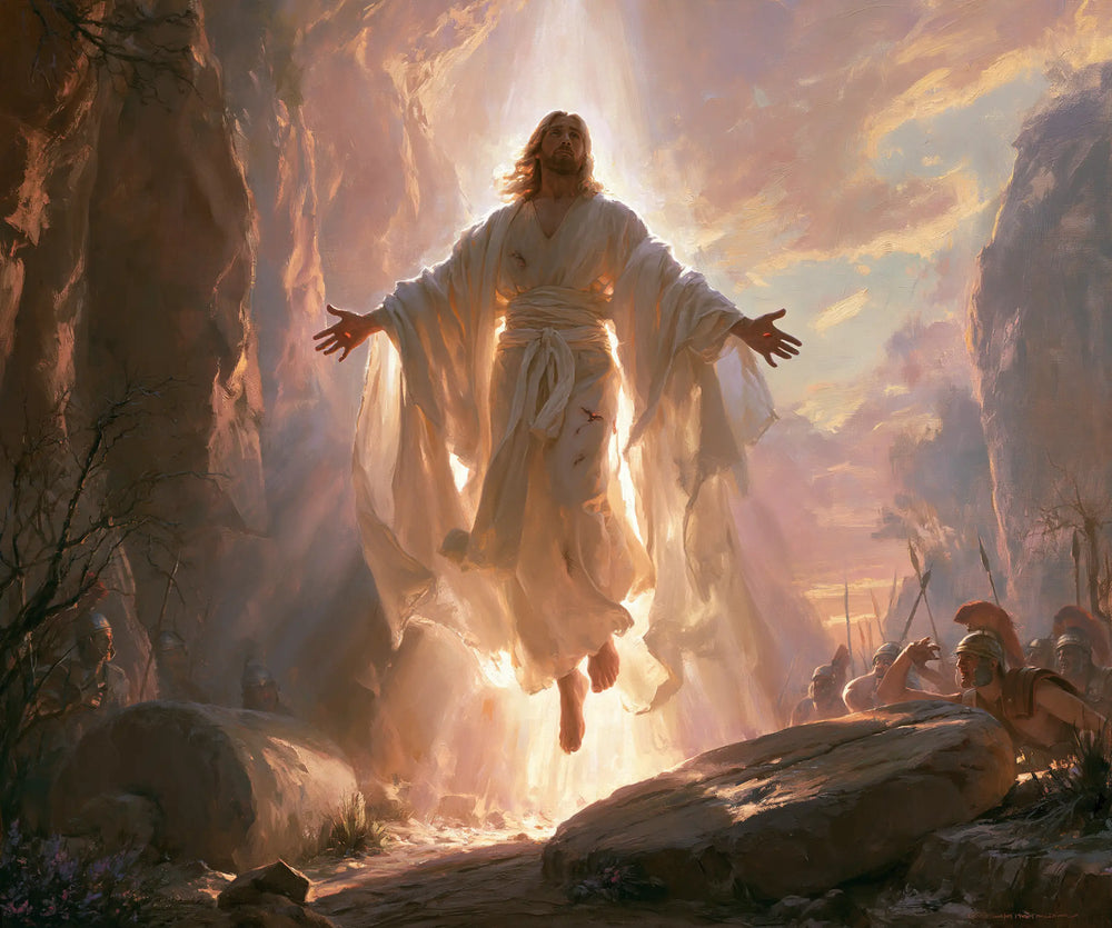 Resurrection of Jesus Christ in Divine Light style, landscape Christian artwork no. 2