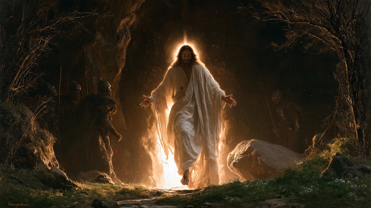 Resurrection of Jesus Christ in Explosion of Movement style, landscape Christian artwork no. 12