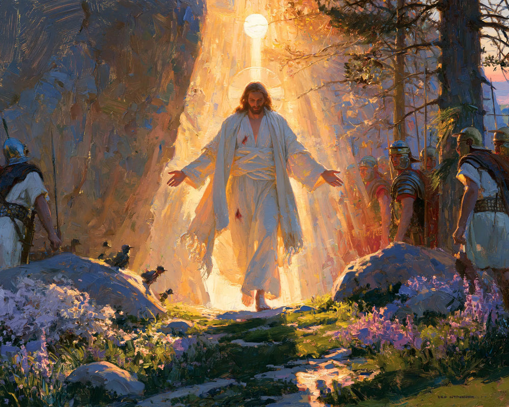 Resurrection of Jesus Christ in Impressionist style, landscape Christian artwork no. 6