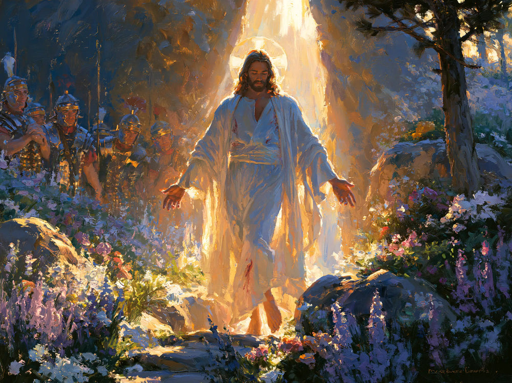 Resurrection of Jesus Christ in Impressionist style, landscape Christian artwork no. 11
