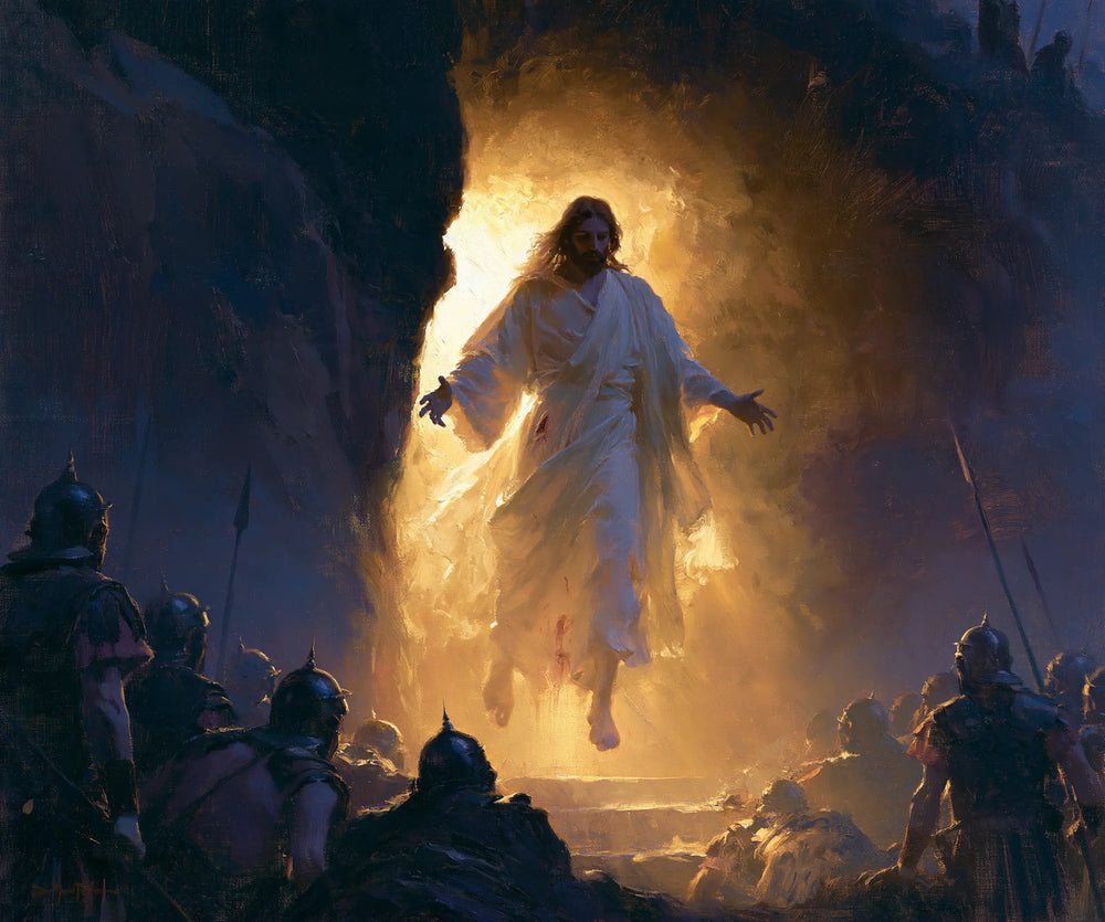 Resurrection of Jesus Christ in Midnight-blue Chiaroscuro style, landscape Christian artwork no. 1