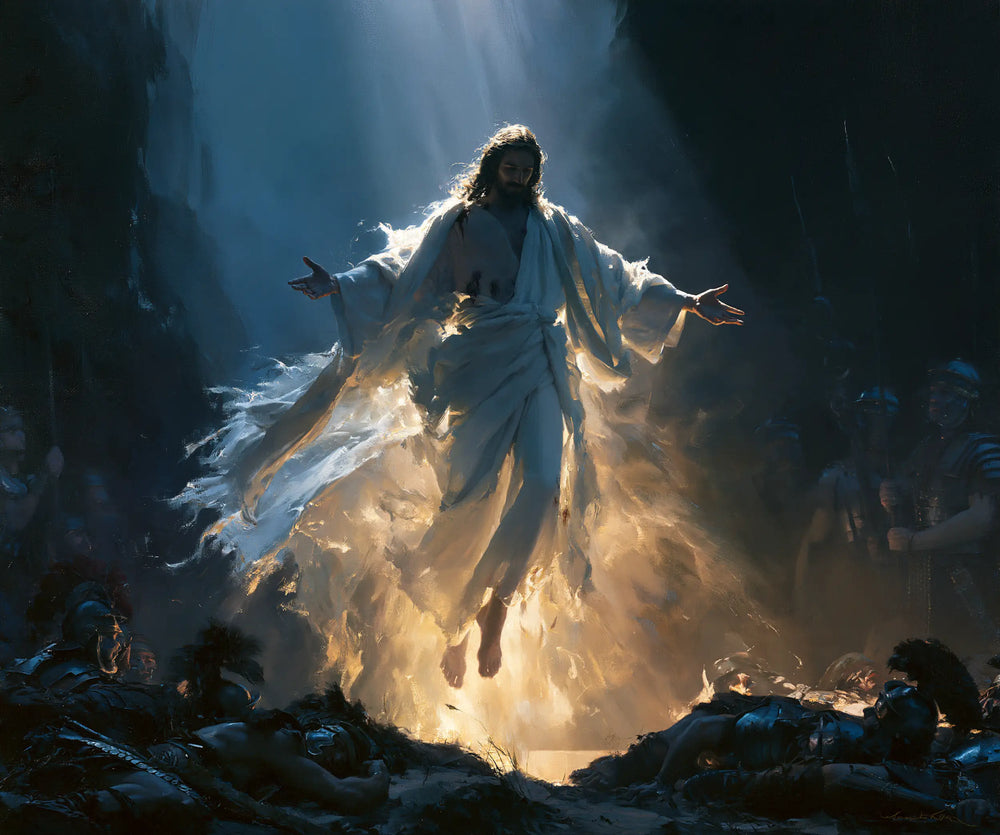 Resurrection of Jesus Christ in Midnight-blue Chiaroscuro style, landscape Christian artwork no. 4