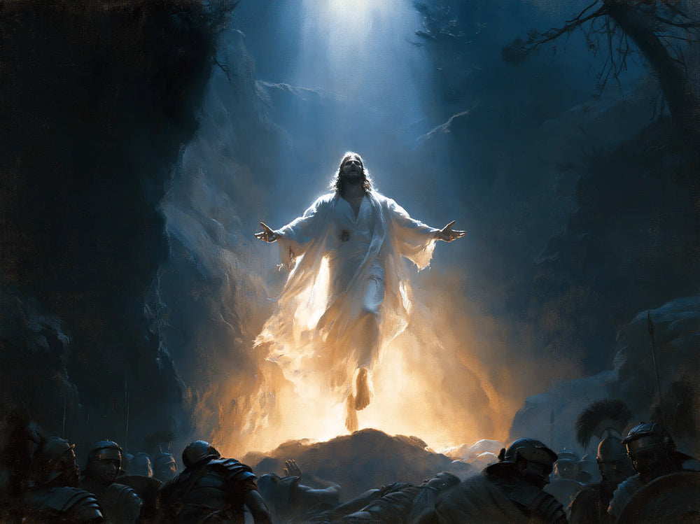 Resurrection of Jesus Christ in Midnight-blue Chiaroscuro style, landscape Christian artwork no. 11