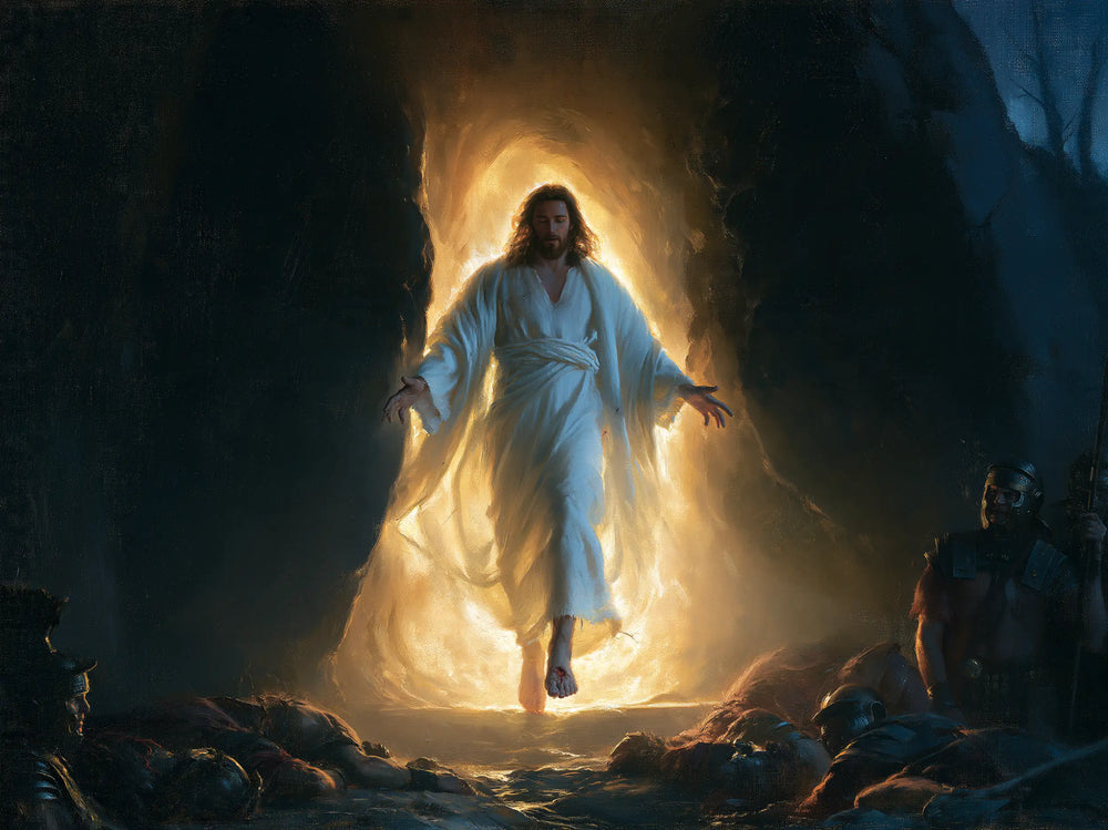 Resurrection of Jesus Christ in Midnight-blue Chiaroscuro style, landscape Christian artwork no. 12
