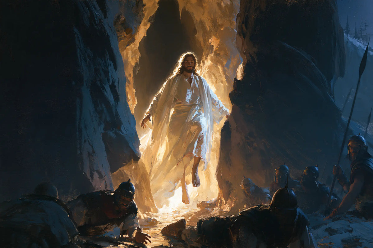 Resurrection of Jesus Christ in Midnight-blue Chiaroscuro style, landscape Christian artwork no. 14