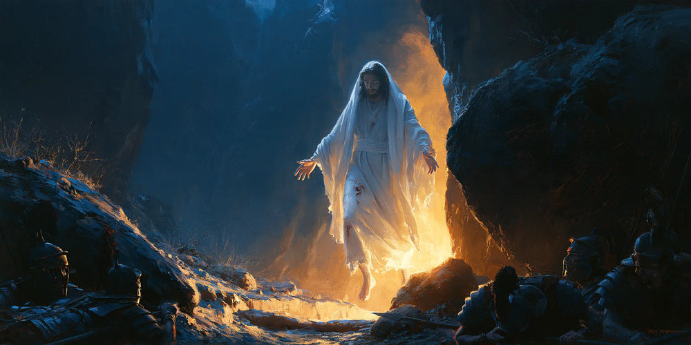 Resurrection of Jesus Christ in Midnight-blue Chiaroscuro style, landscape Christian artwork no. 22