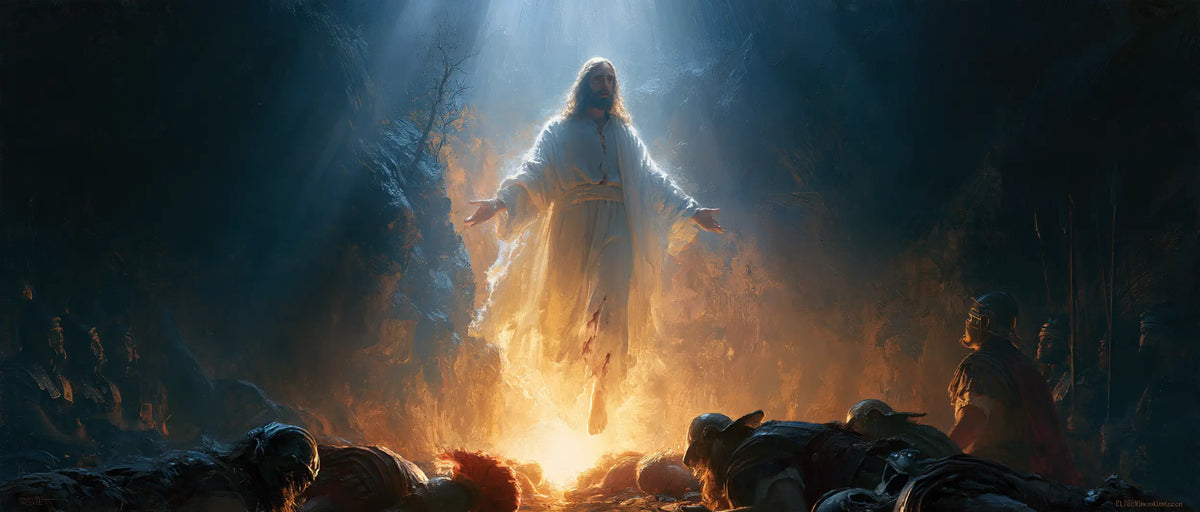 Resurrection of Jesus Christ in Midnight-blue Chiaroscuro style, landscape Christian artwork no. 26