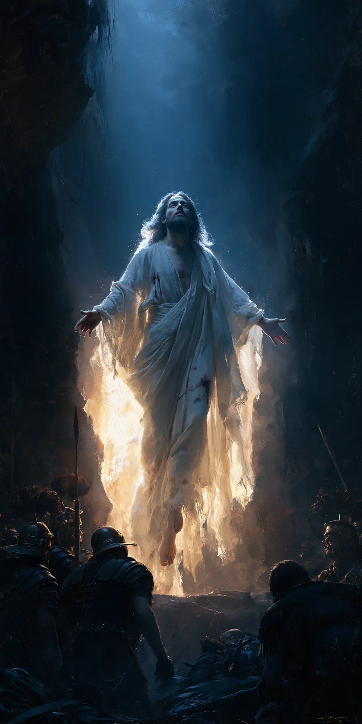 Resurrection of Jesus Christ in Midnight-blue Chiaroscuro style, portrait Christian artwork no. 4