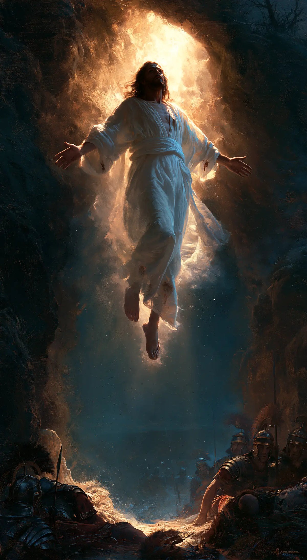 Resurrection of Jesus Christ in Midnight-blue Chiaroscuro style, portrait Christian artwork no. 6