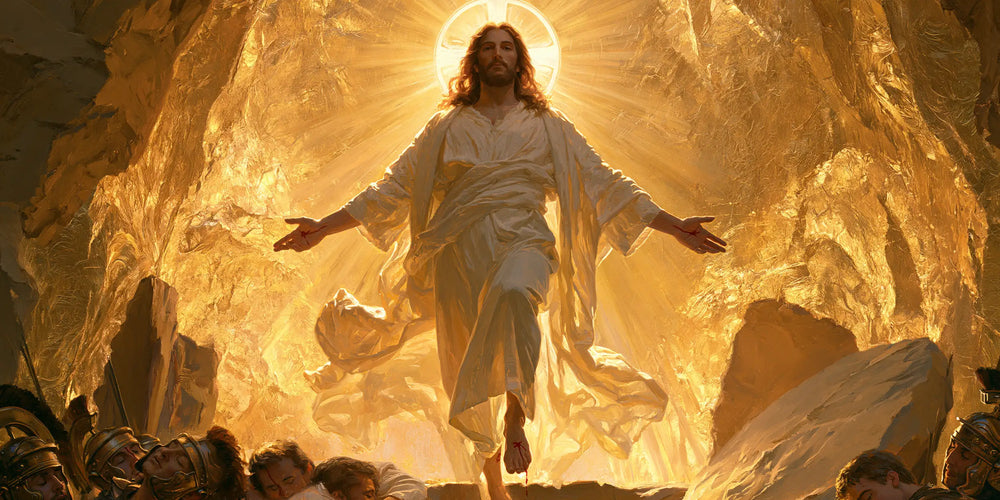 Resurrection of Jesus Christ in Sacred Gold style, landscape Christian artwork no. 18
