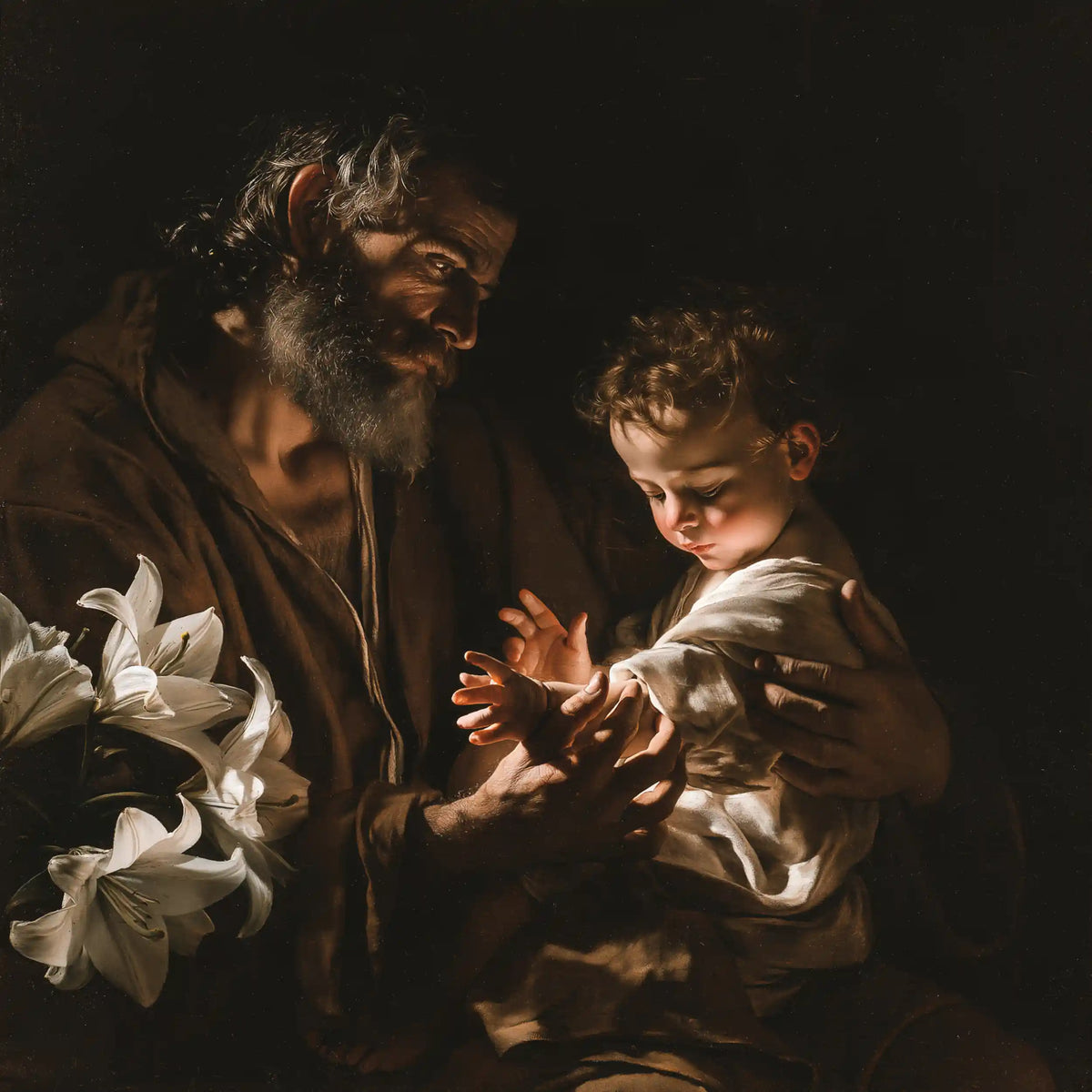 Saint Joseph with the Child Jesus – Caravaggio Tenebrism · Square no. 2