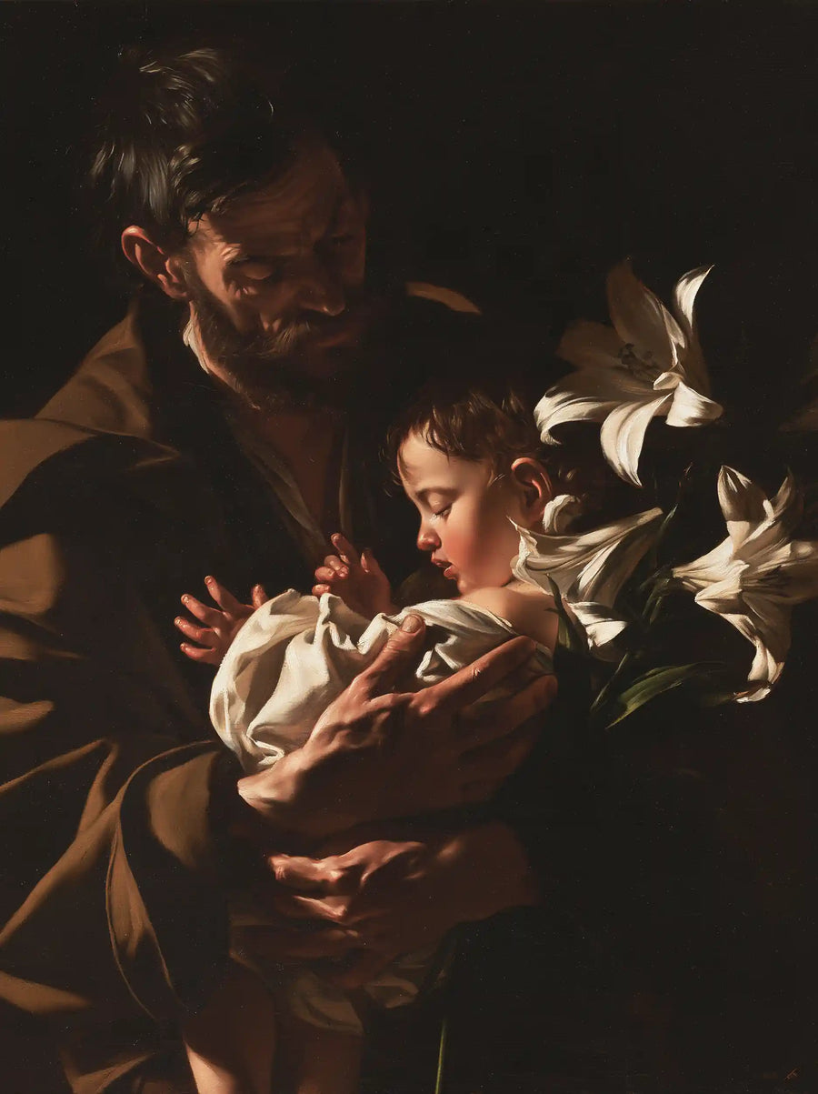 Saint Joseph with the Child Jesus – Caravaggio Tenebrism · Portrait no. 4