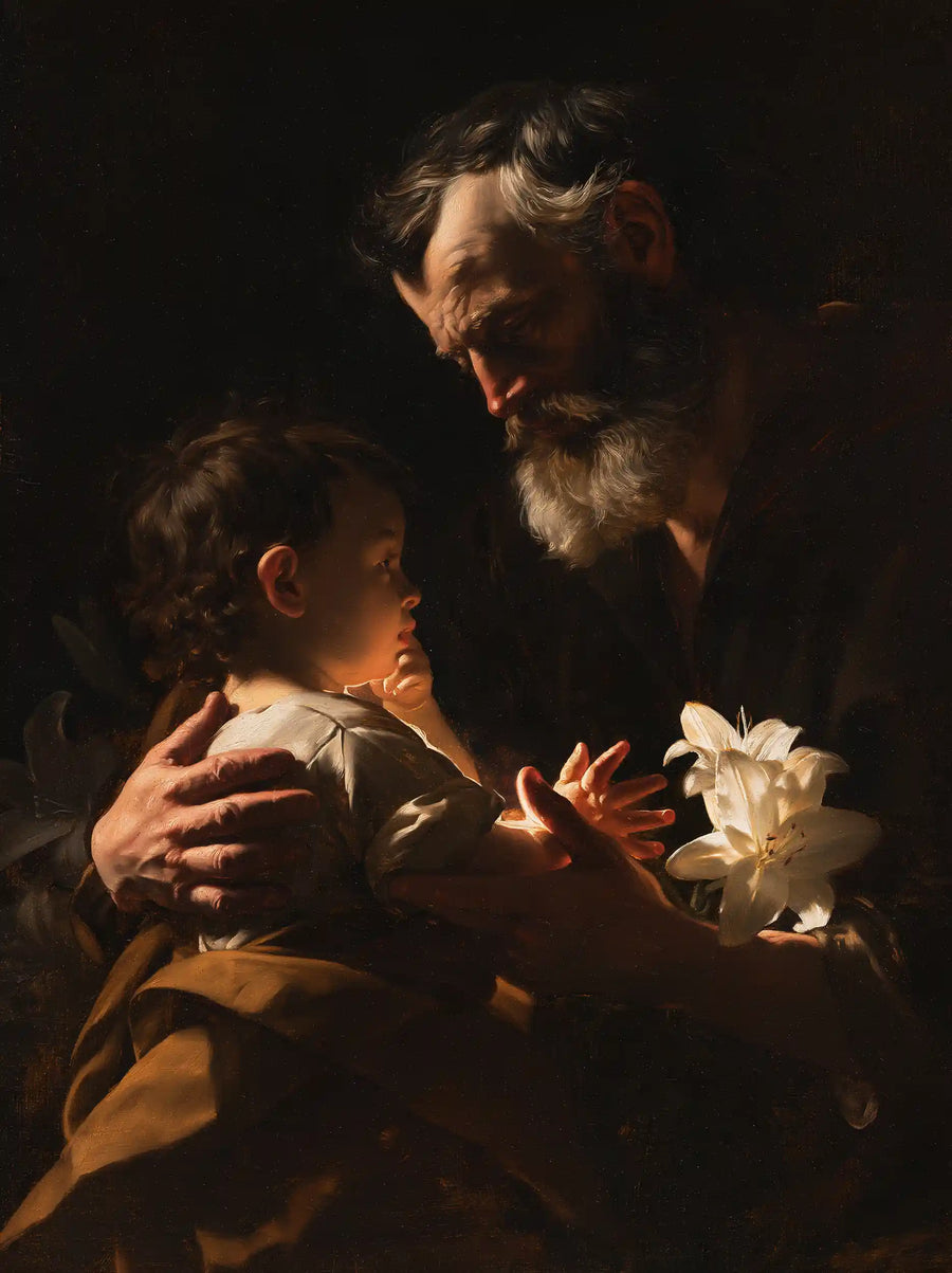 Saint Joseph with the Child Jesus – Caravaggio Tenebrism · Portrait no. 5