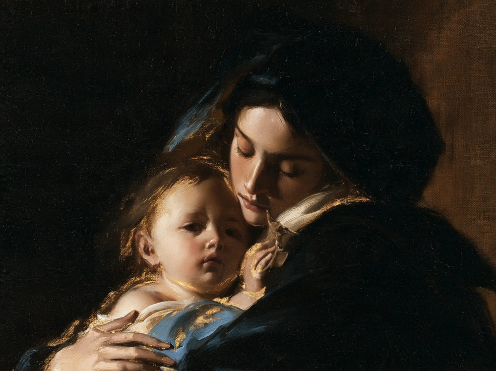 the Virgin Mary holding the Child Jesus in Black and Gold style, landscape Christian artwork no. 5