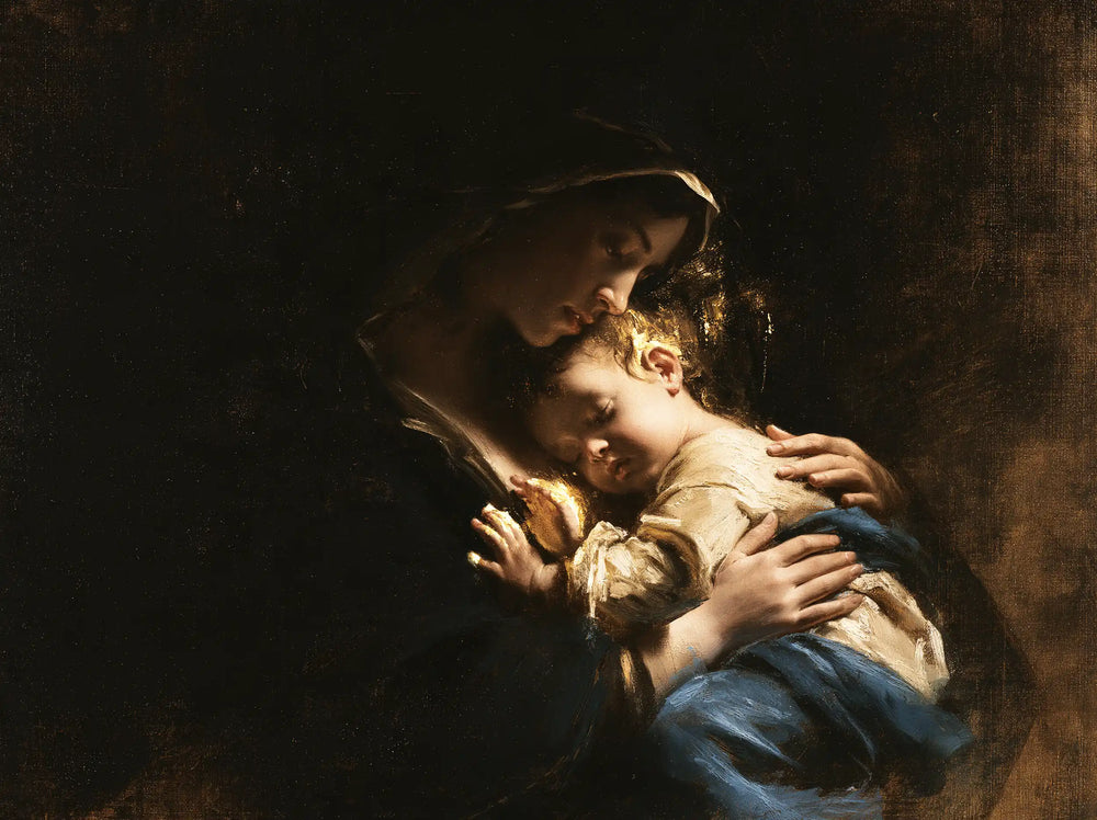 the Virgin Mary holding the Child Jesus in Black and Gold style, landscape Christian artwork no. 6