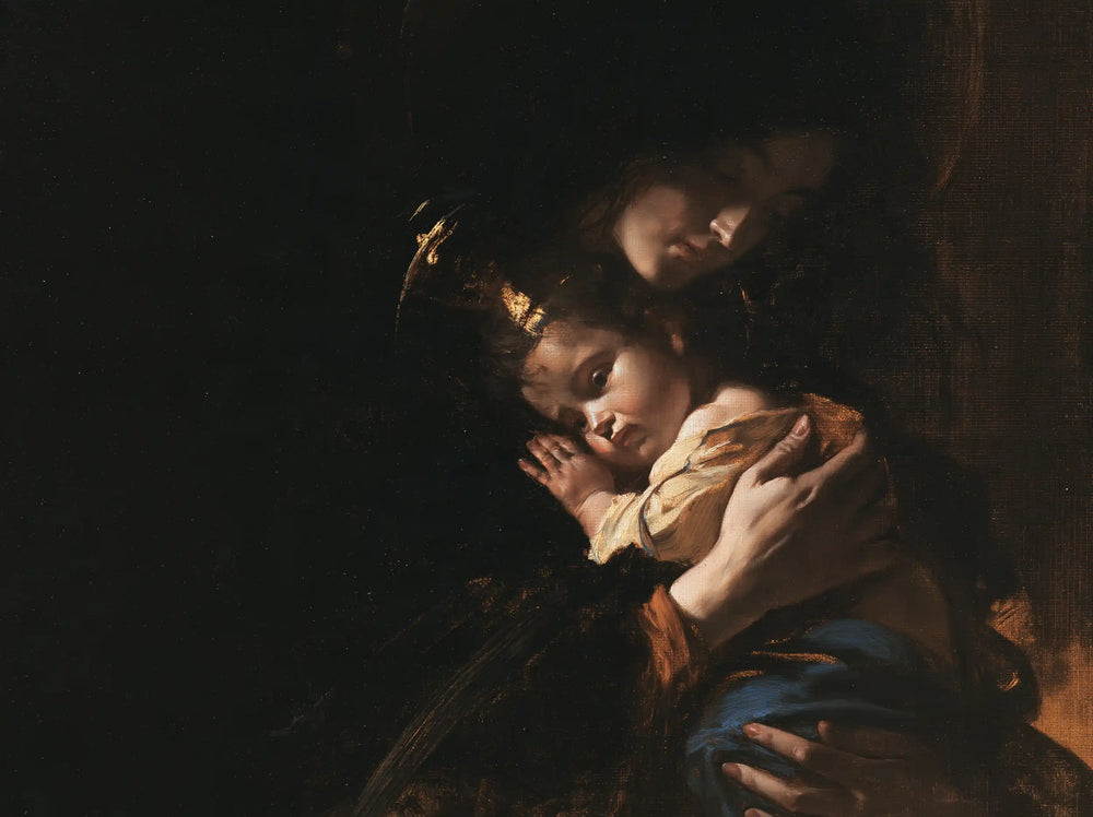 the Virgin Mary holding the Child Jesus in Black and Gold style, landscape Christian artwork no. 8
