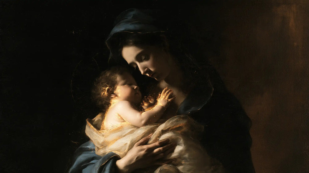 the Virgin Mary holding the Child Jesus in Black and Gold style, landscape Christian artwork no. 12