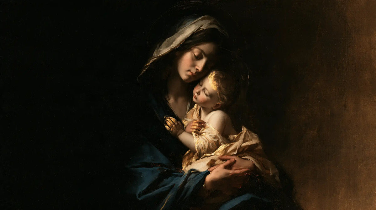 the Virgin Mary holding the Child Jesus in Black and Gold style, landscape Christian artwork no. 14