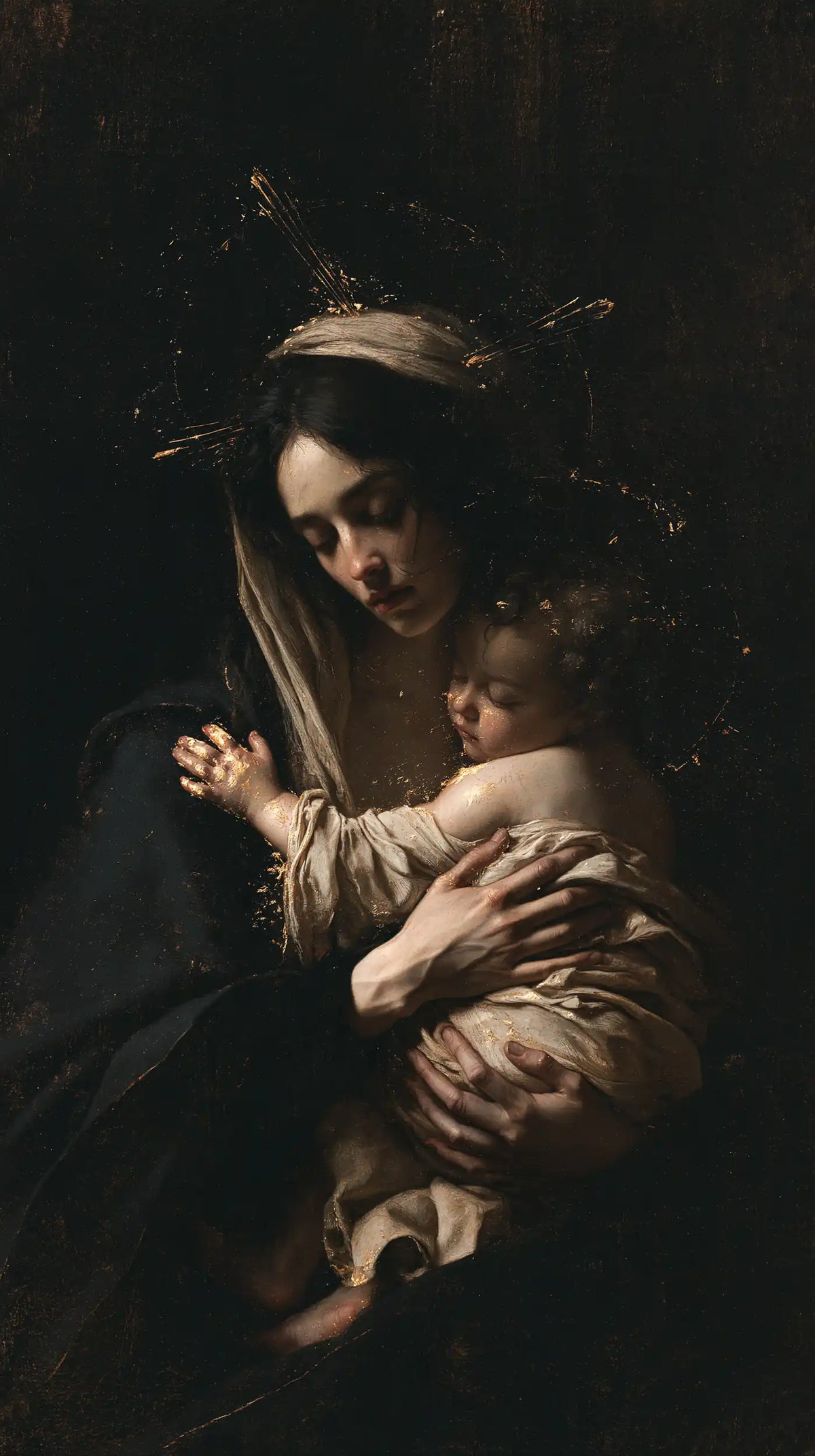 the Virgin Mary holding the Child Jesus in Black and Gold style, portrait Christian artwork no. 9