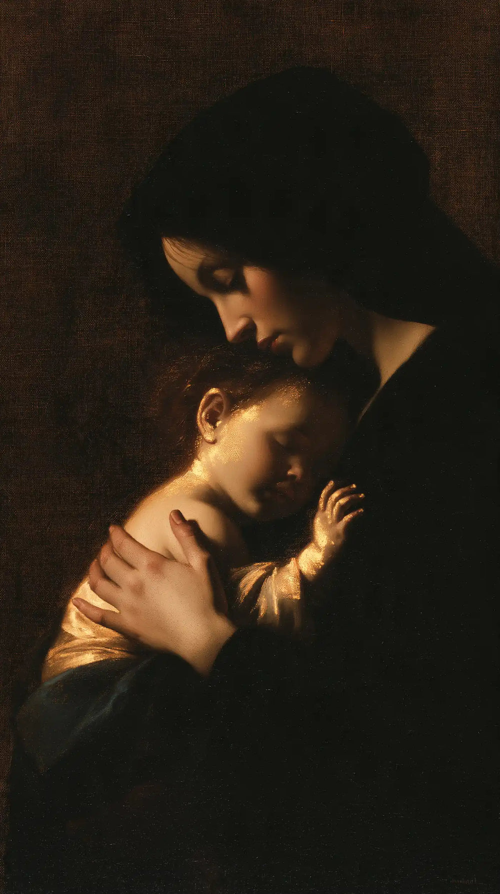the Virgin Mary holding the Child Jesus in Black and Gold style, portrait Christian artwork no. 11