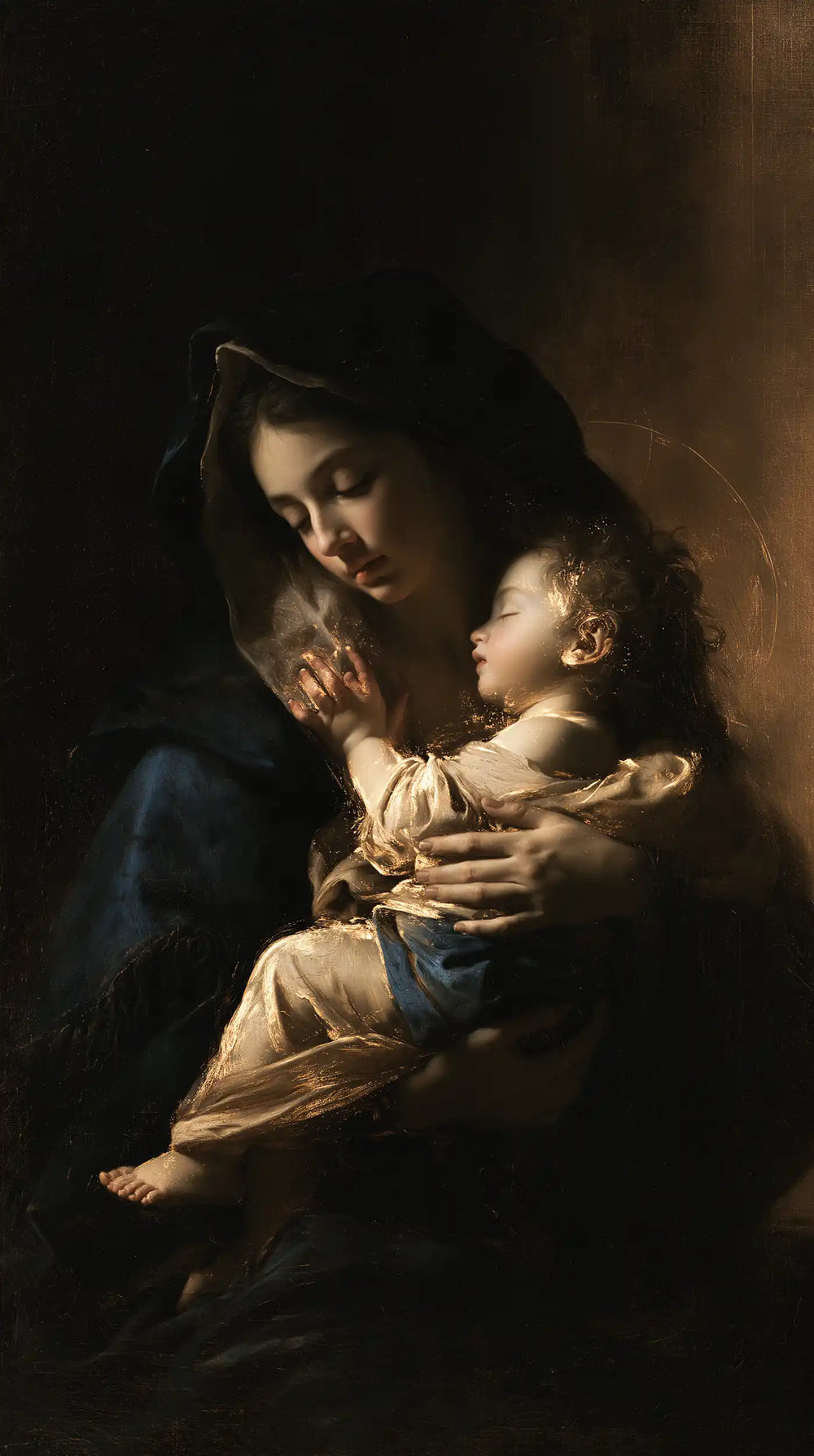 the Virgin Mary holding the Child Jesus in Black and Gold style, portrait Christian artwork no. 12