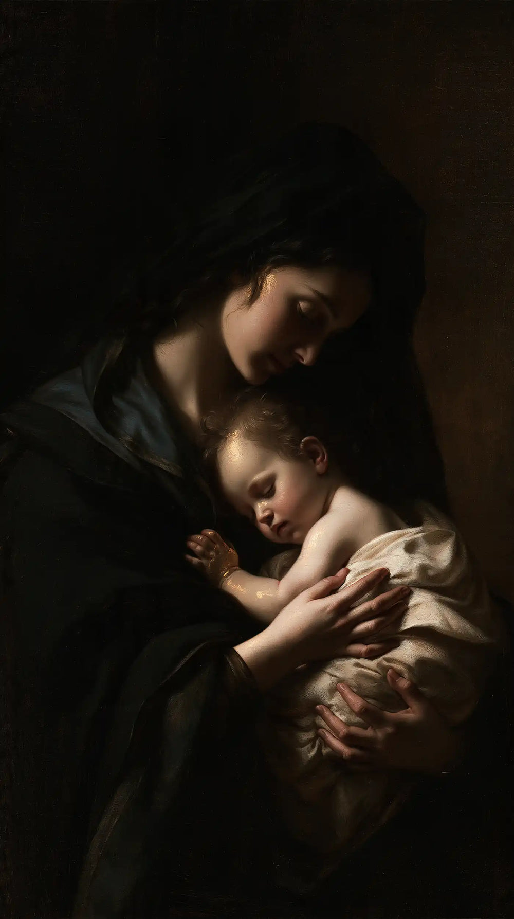 the Virgin Mary holding the Child Jesus in Black and Gold style, portrait Christian artwork no. 19