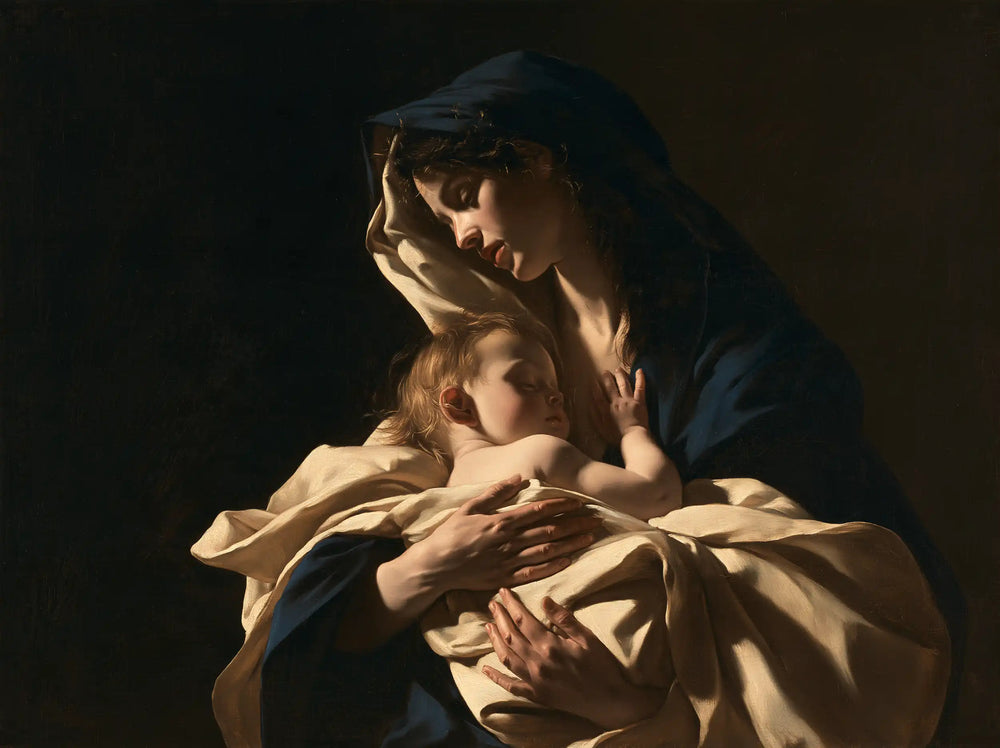 the Virgin Mary holding the Child Jesus in Caravaggio Tenebrism style, landscape Christian artwork no. 11