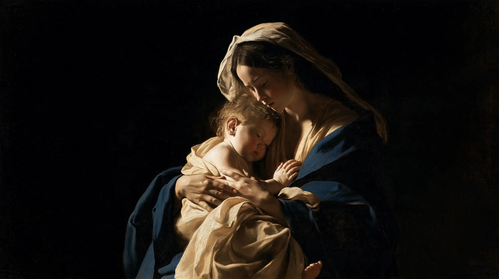the Virgin Mary holding the Child Jesus in Caravaggio Tenebrism style, landscape Christian artwork no. 14